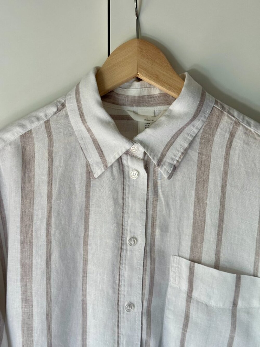 100% Linen Button Down Shirt | Beige Stripe | Size M - Picture 4 of 10